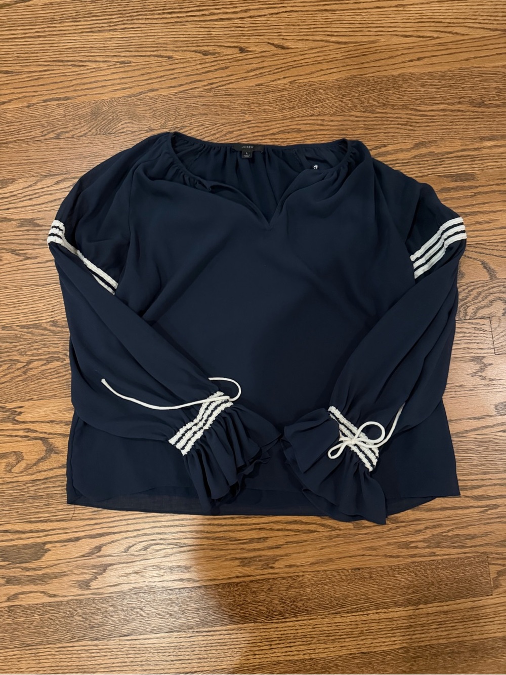 J. Crew Navy V-Neck Blouse with White Stripe Trim